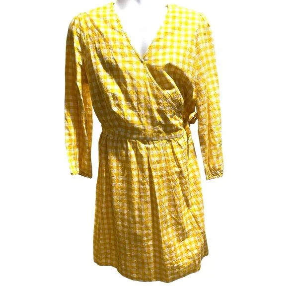 Old Navy Wrap Dress Womens XL Knee Long Sleeve Yellow Gingham Check Cotton - Picture 2 of 16
